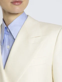 Ivory white wool, silk and linen herringbone double-breasted Flavia jacket