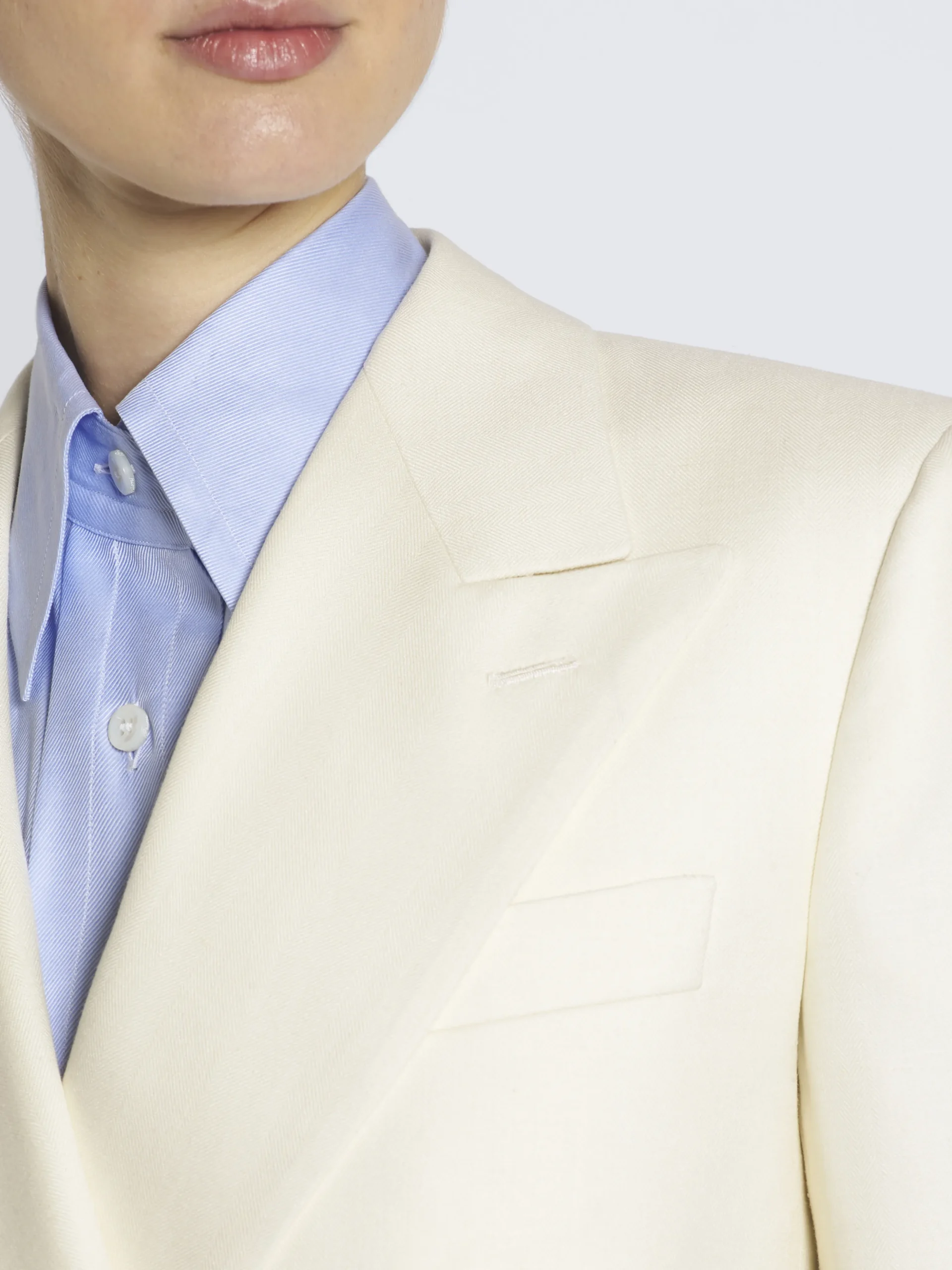 Ivory white wool, silk and linen herringbone double-breasted Flavia jacket