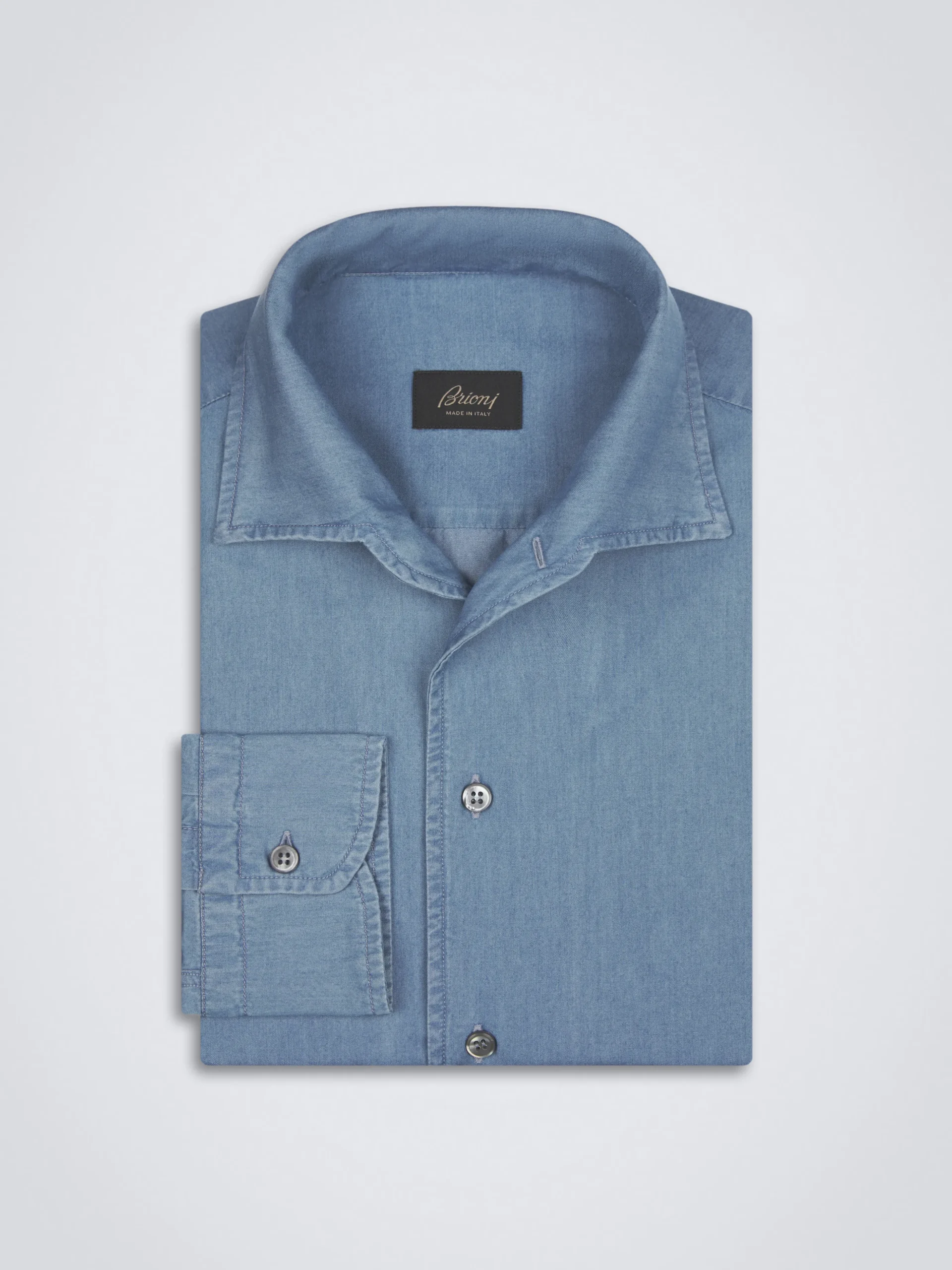 Light blue cotton denim Capri collar shirt