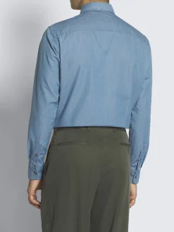Light blue cotton denim Capri collar shirt