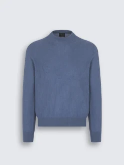Light blue jacquard cashmere and silk crewneck sweater