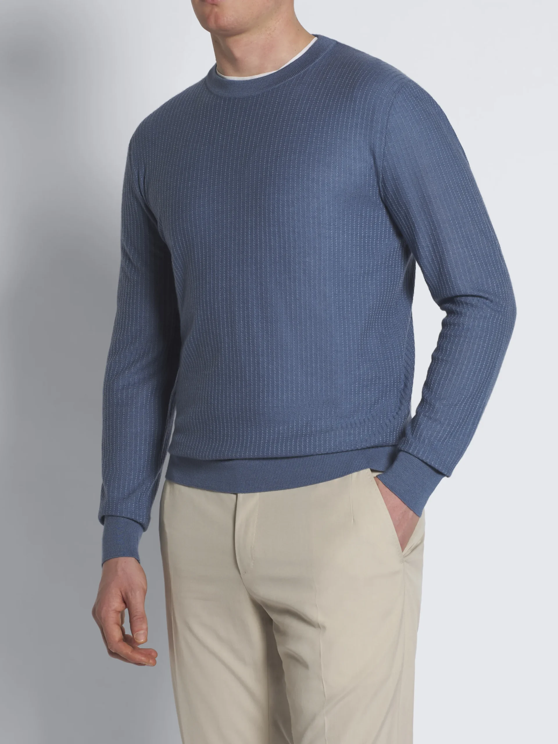 Light blue jacquard cashmere and silk crewneck sweater