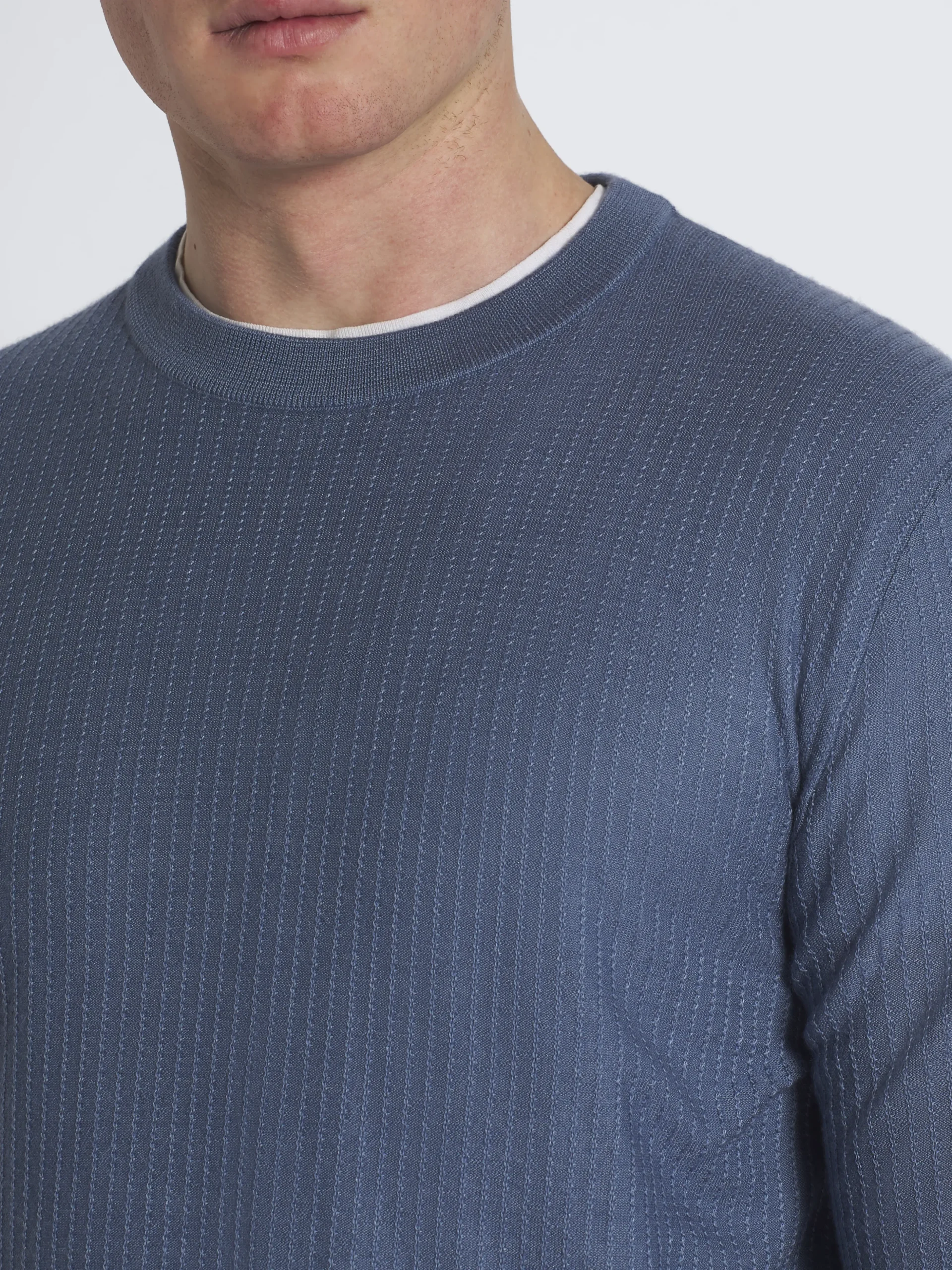 Light blue jacquard cashmere and silk crewneck sweater