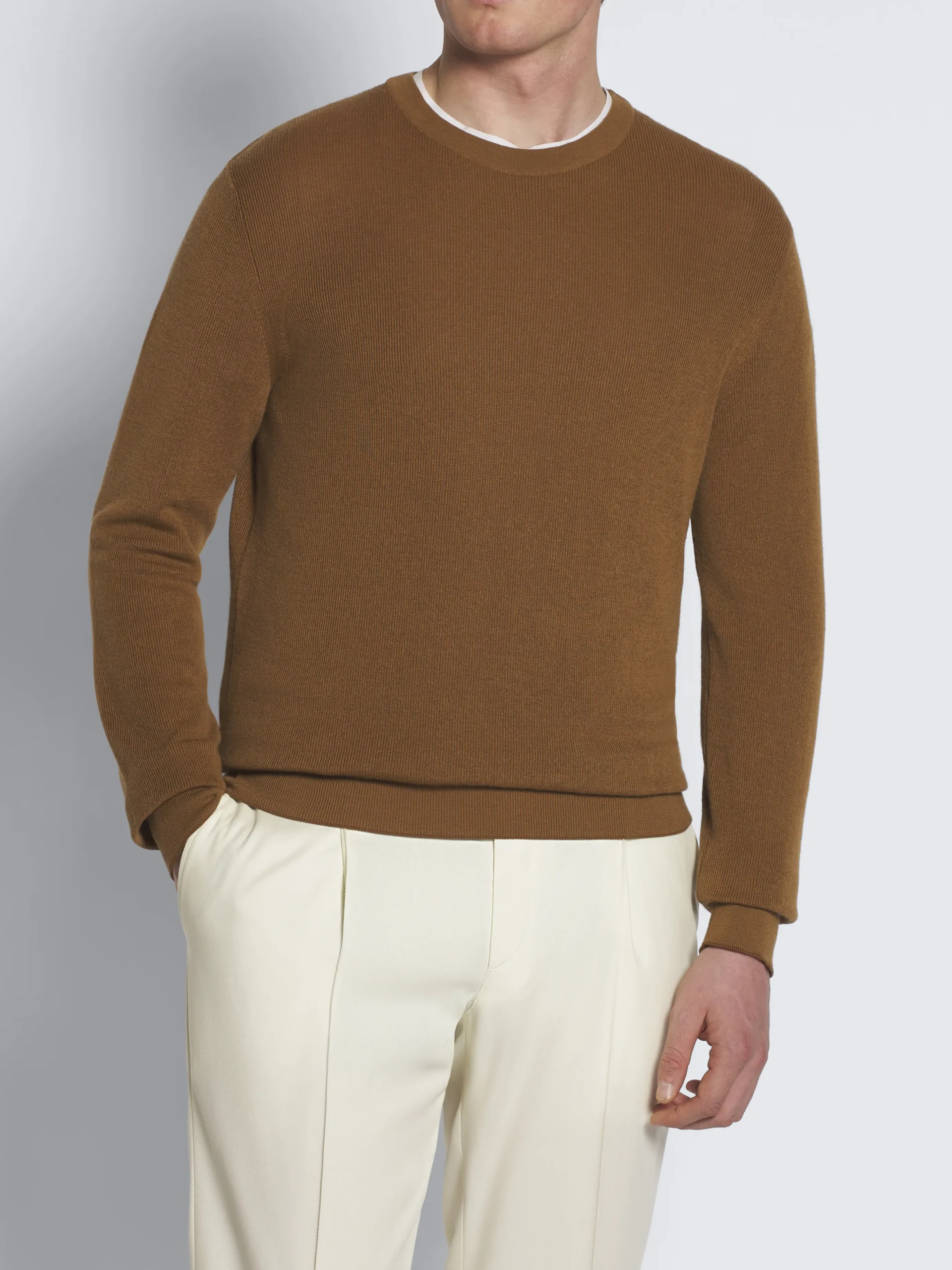Light brown vicuña and cotton crewneck sweater
