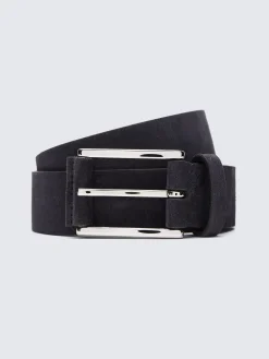 Midnight blue suede and calf leather belt with roller buckle