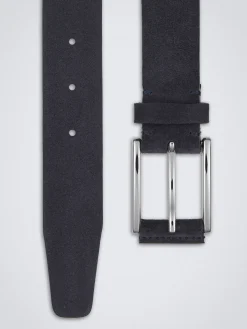 Midnight blue suede and calf leather belt with roller buckle