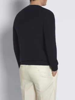 Midnight blue vicuña and cotton crewneck sweater