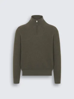Military green and taupe cashmere and wool half-zip mockneck sweater