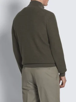 Military green and taupe cashmere and wool half-zip mockneck sweater