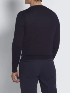 Navy blue cashmere and silk crewneck sweater