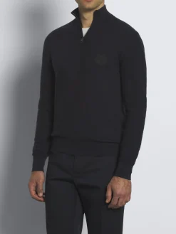 Navy blue cashmere and silk half-zip mockneck sweater