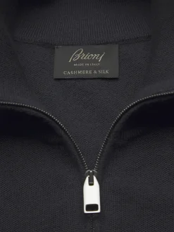 Navy blue cashmere and silk half-zip mockneck sweater