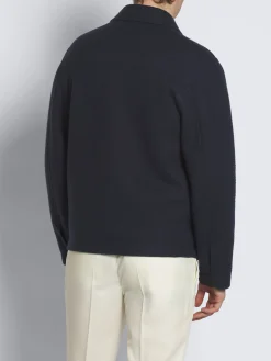 Navy blue double-splittable vicuña and cashmere jersey shirt collar blouson