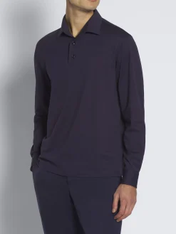 Navy blue gassed cotton Capri collar polo shirt