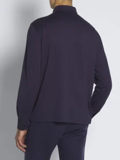 Navy blue gassed cotton Capri collar polo shirt