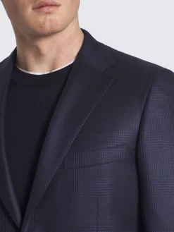 Navy blue glen plaid wool and silk Ravello jacket