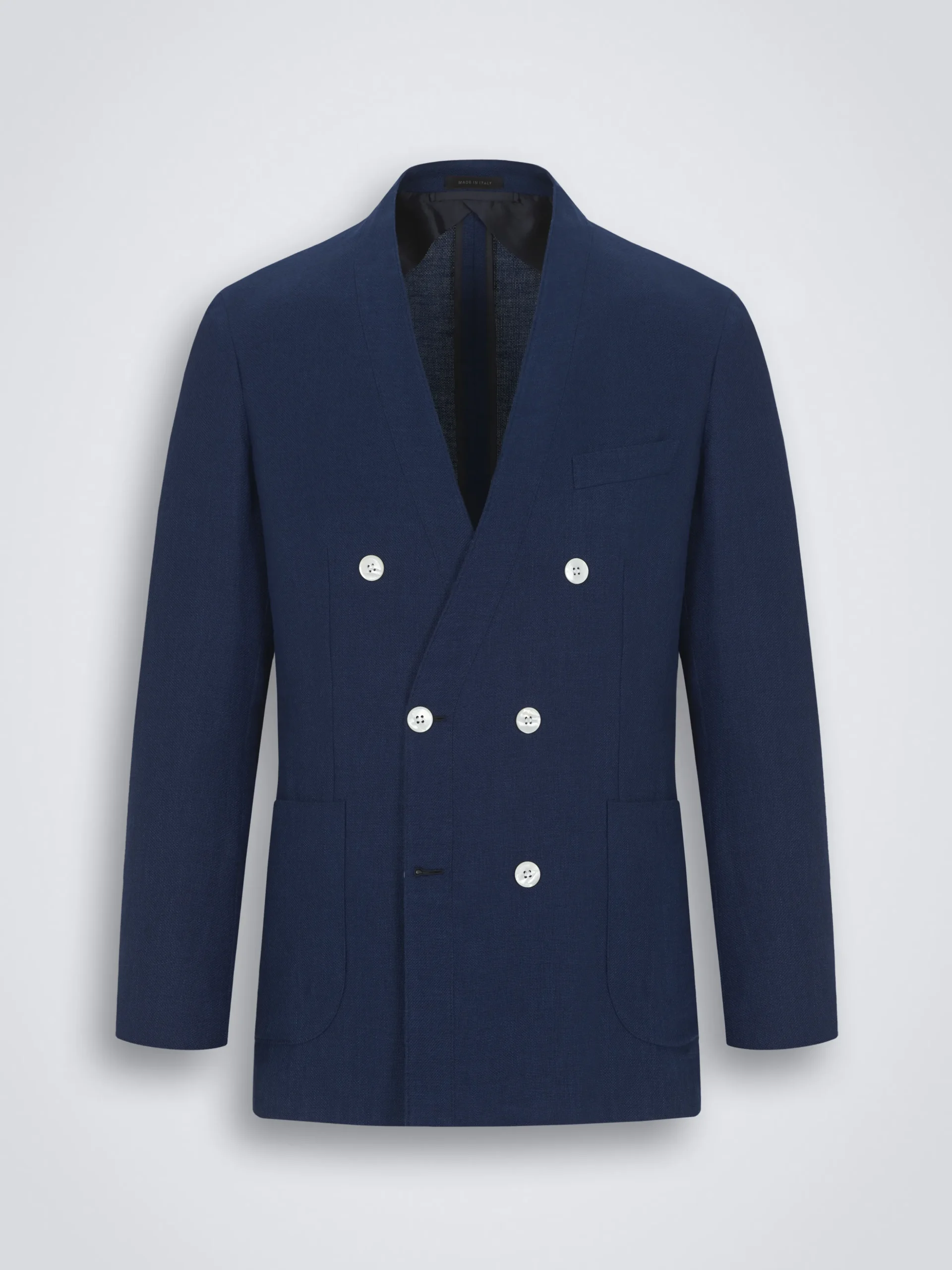 Navy blue linen, wool and silk double-breasted Jardigan