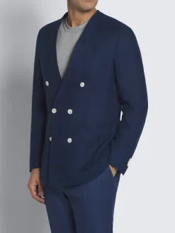 Navy blue linen, wool and silk double-breasted Jardigan