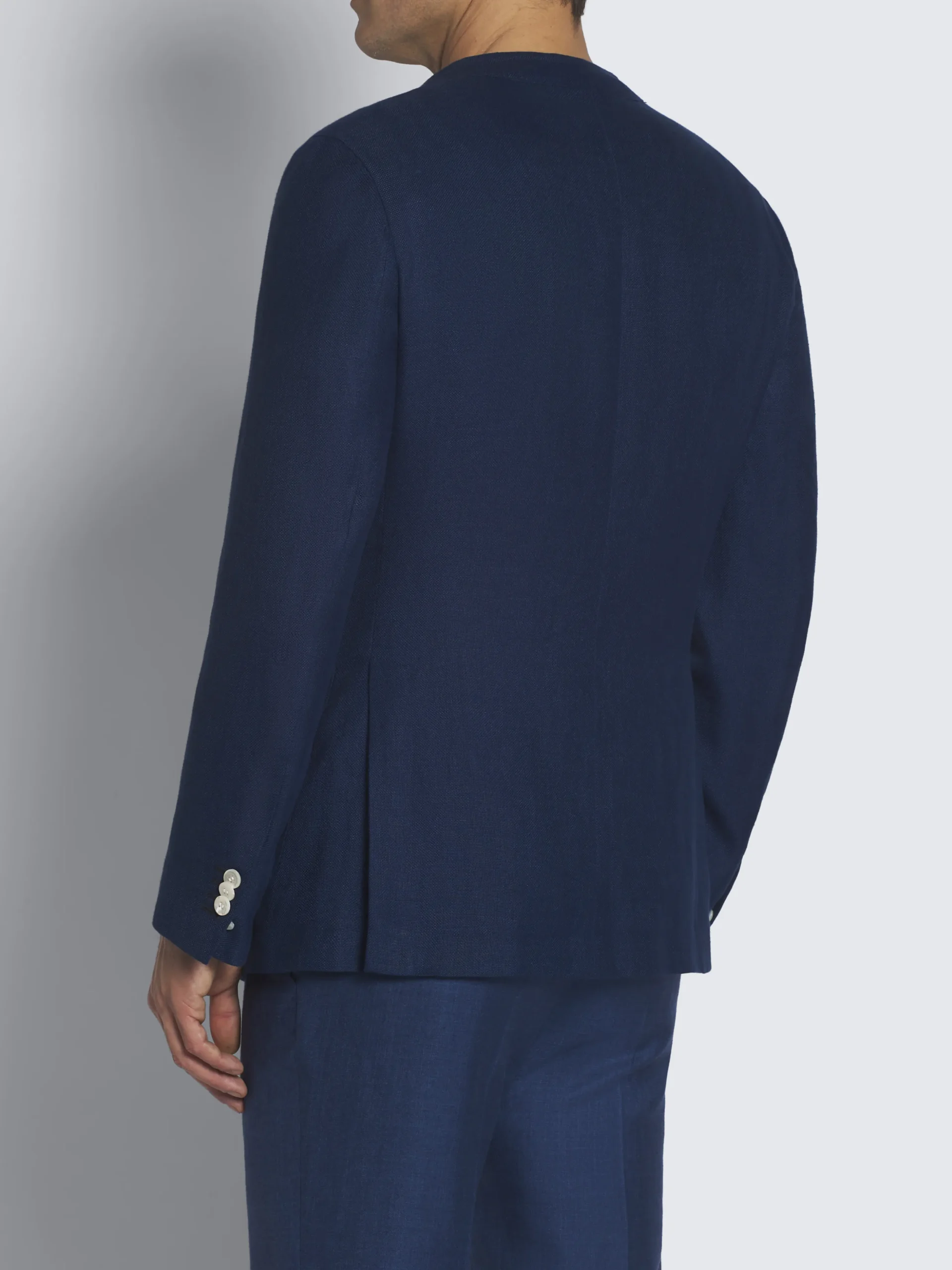 Navy blue linen, wool and silk double-breasted Jardigan