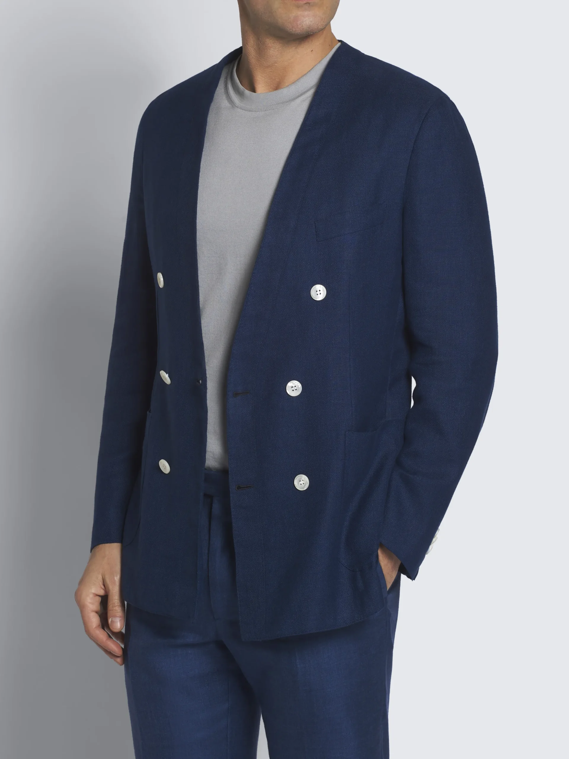 Navy blue linen, wool and silk double-breasted Jardigan