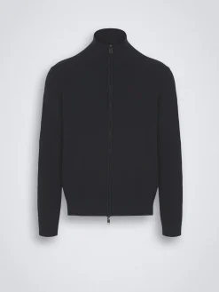 Navy blue organic cotton, silk and cashmere Trama weave full-zip sweater