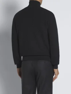 Navy blue organic cotton, silk and cashmere Trama weave full-zip sweater