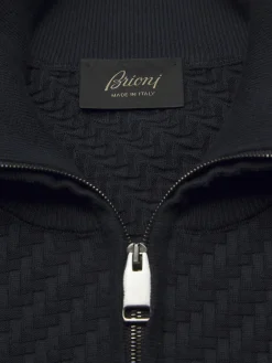 Navy blue organic cotton, silk and cashmere Trama weave full-zip sweater
