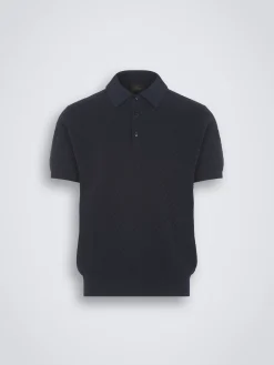 Navy blue organic cotton, silk and cashmere Trama weave polo
