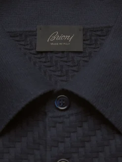 Navy blue organic cotton, silk and cashmere Trama weave polo