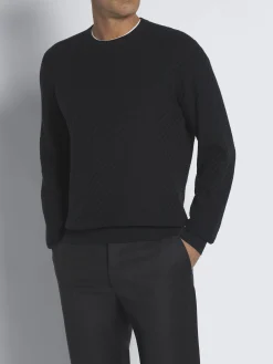 Navy blue organic cotton, silk and cashmere Trama weave crewneck sweater