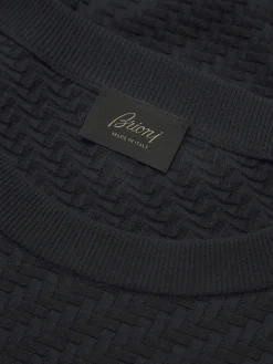 Navy blue organic cotton, silk and cashmere Trama weave crewneck sweater