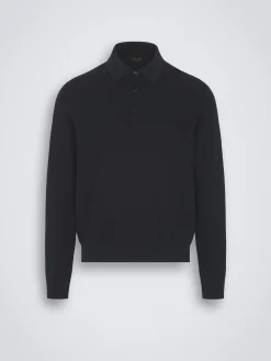 Navy blue organic cotton, silk and cashmere Trama polo sweater