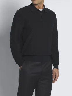 Navy blue organic cotton, silk and cashmere Trama polo sweater
