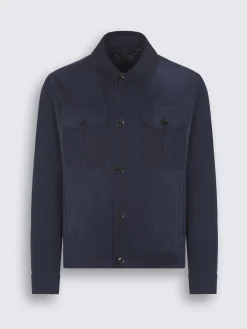 Navy blue suede and linen shirt collar blouson