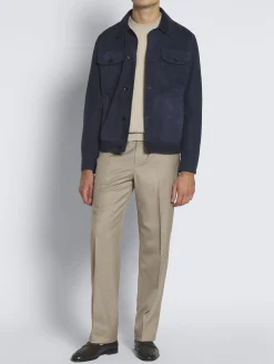 Navy blue suede and linen shirt collar blouson