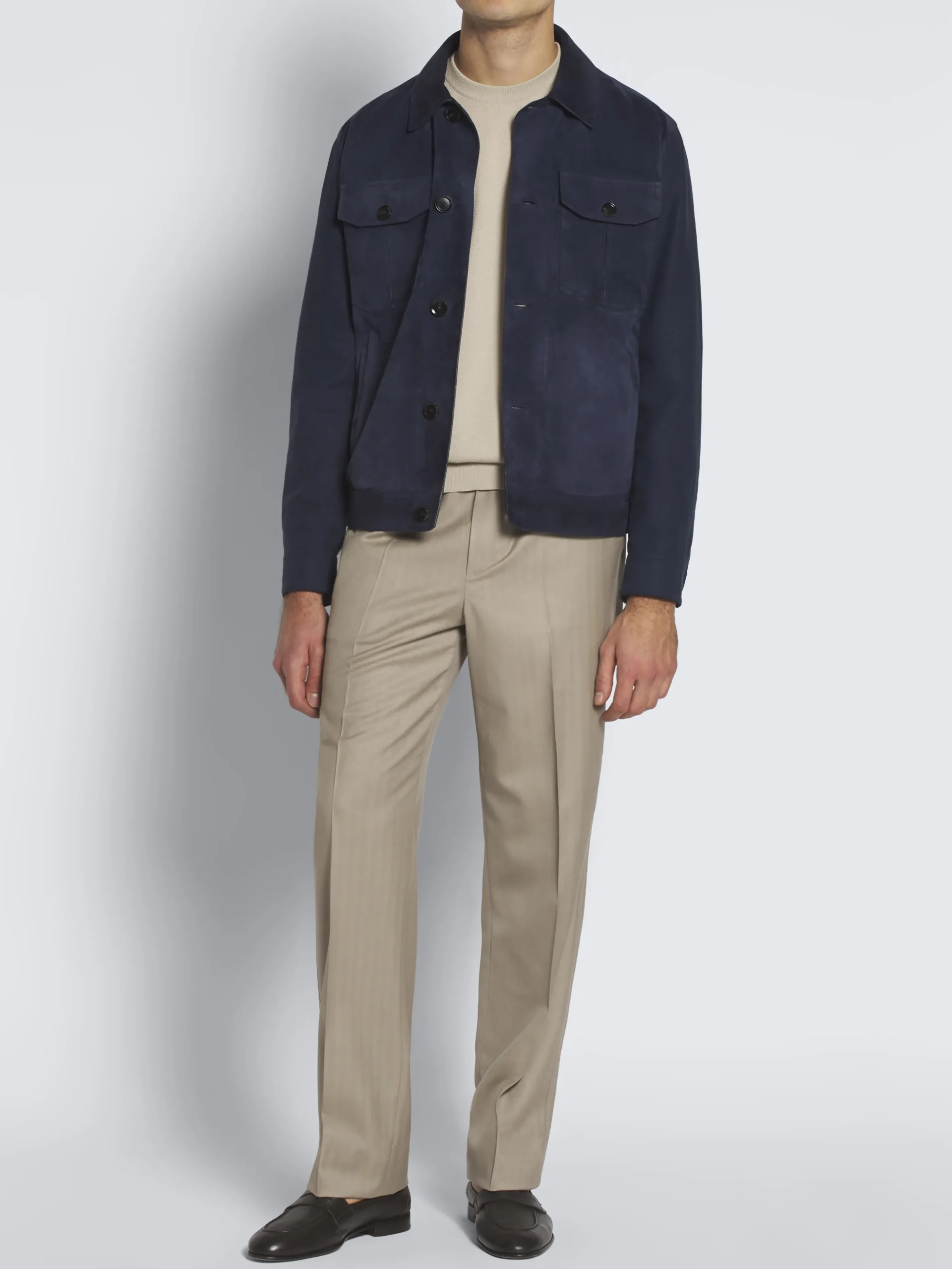 Navy blue suede and linen shirt collar blouson