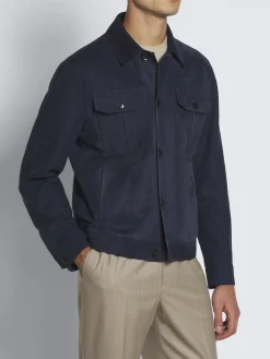 Navy blue suede and linen shirt collar blouson