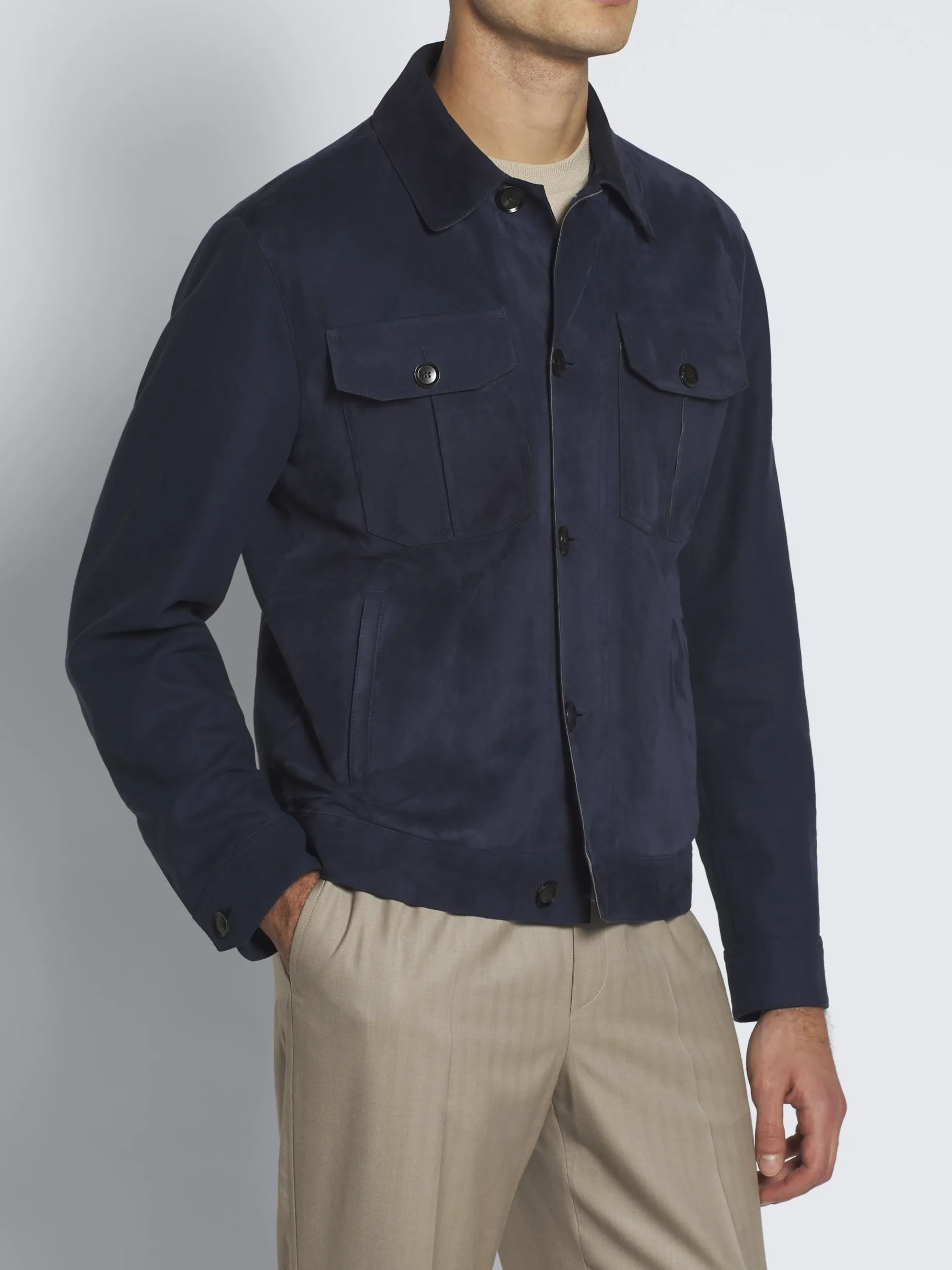 Navy blue suede and linen shirt collar blouson