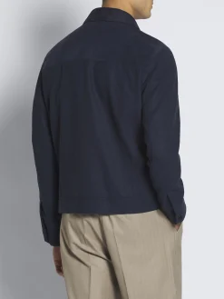 Navy blue suede and linen shirt collar blouson