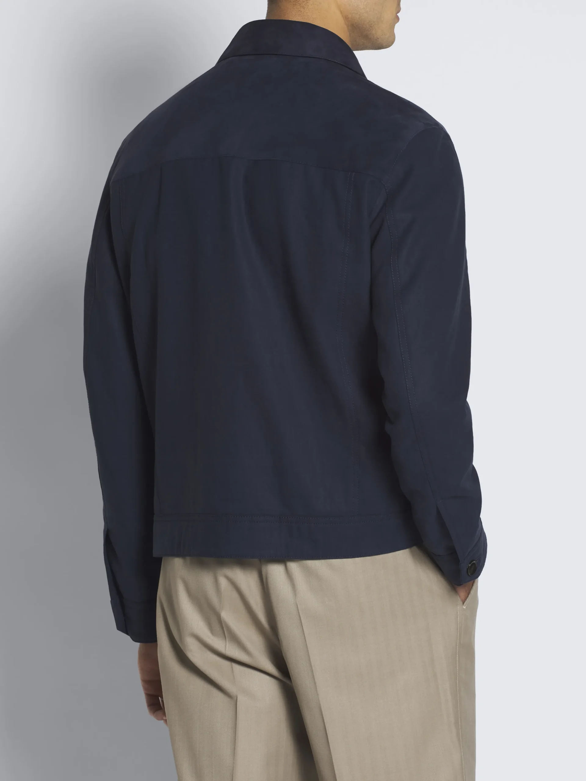 Navy blue suede and linen shirt collar blouson