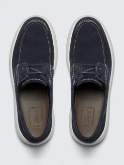 Navy blue suede boat derby shoes
