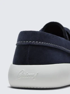 Navy blue suede boat derby shoes