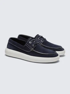 Navy blue suede boat derby shoes