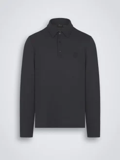 Navy blue technical wool long-sleeved polo