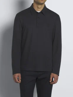 Navy blue technical wool long-sleeved polo