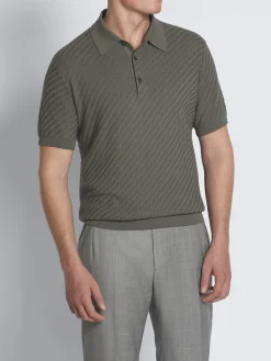 Olive green cotton, silk and cashmere Trama weave polo