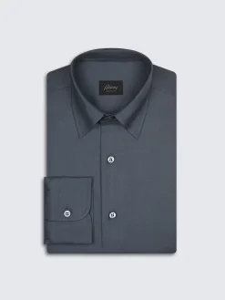 Petroleum blue cashmere and sillk twill hidden button-down shirt