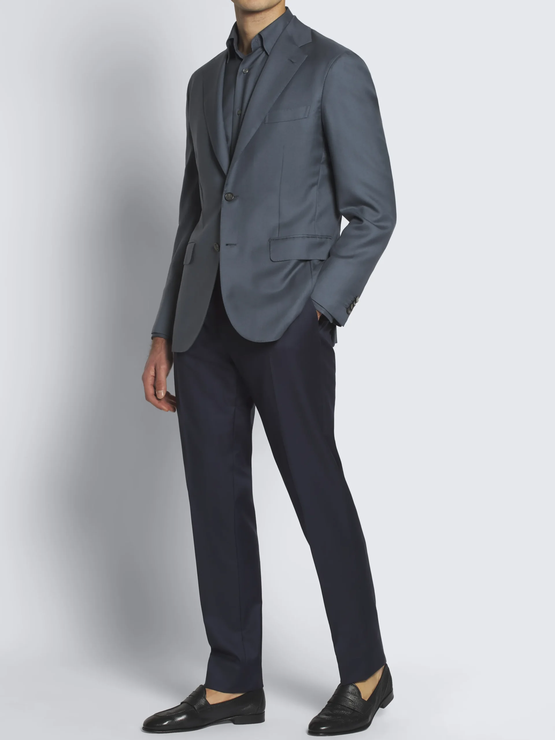 Petroleum blue cashmere and sillk twill hidden button-down shirt