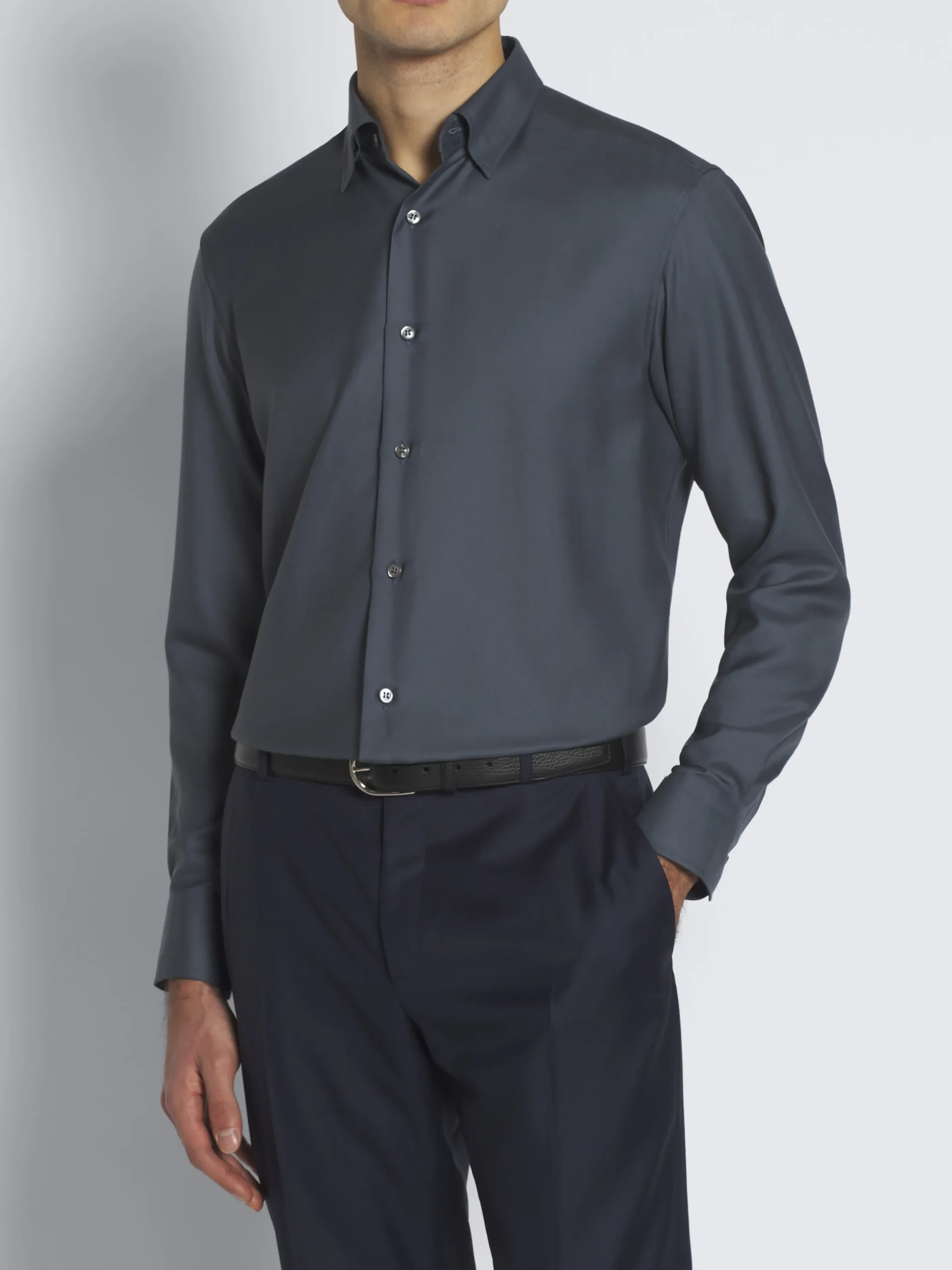 Petroleum blue cashmere and sillk twill hidden button-down shirt