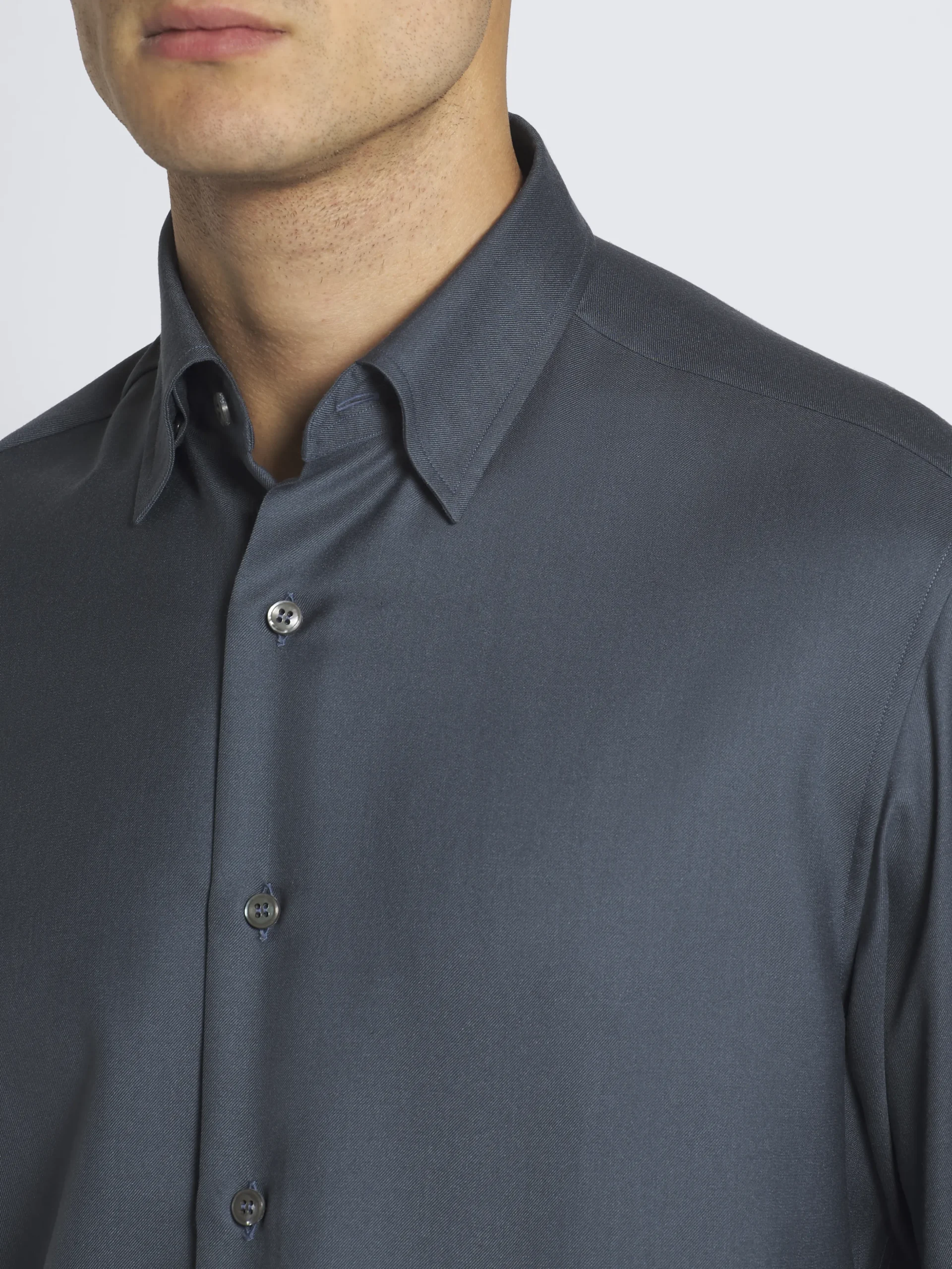 Petroleum blue cashmere and sillk twill hidden button-down shirt